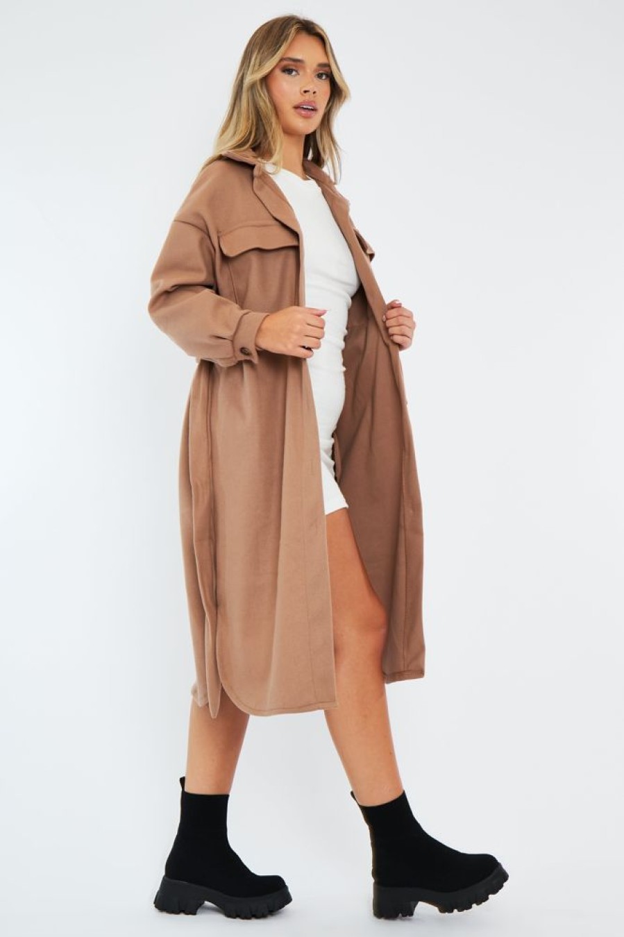 Clothing Rebellious Fashion | Camel Longline Belted Pocket Front Shacket - Henslee