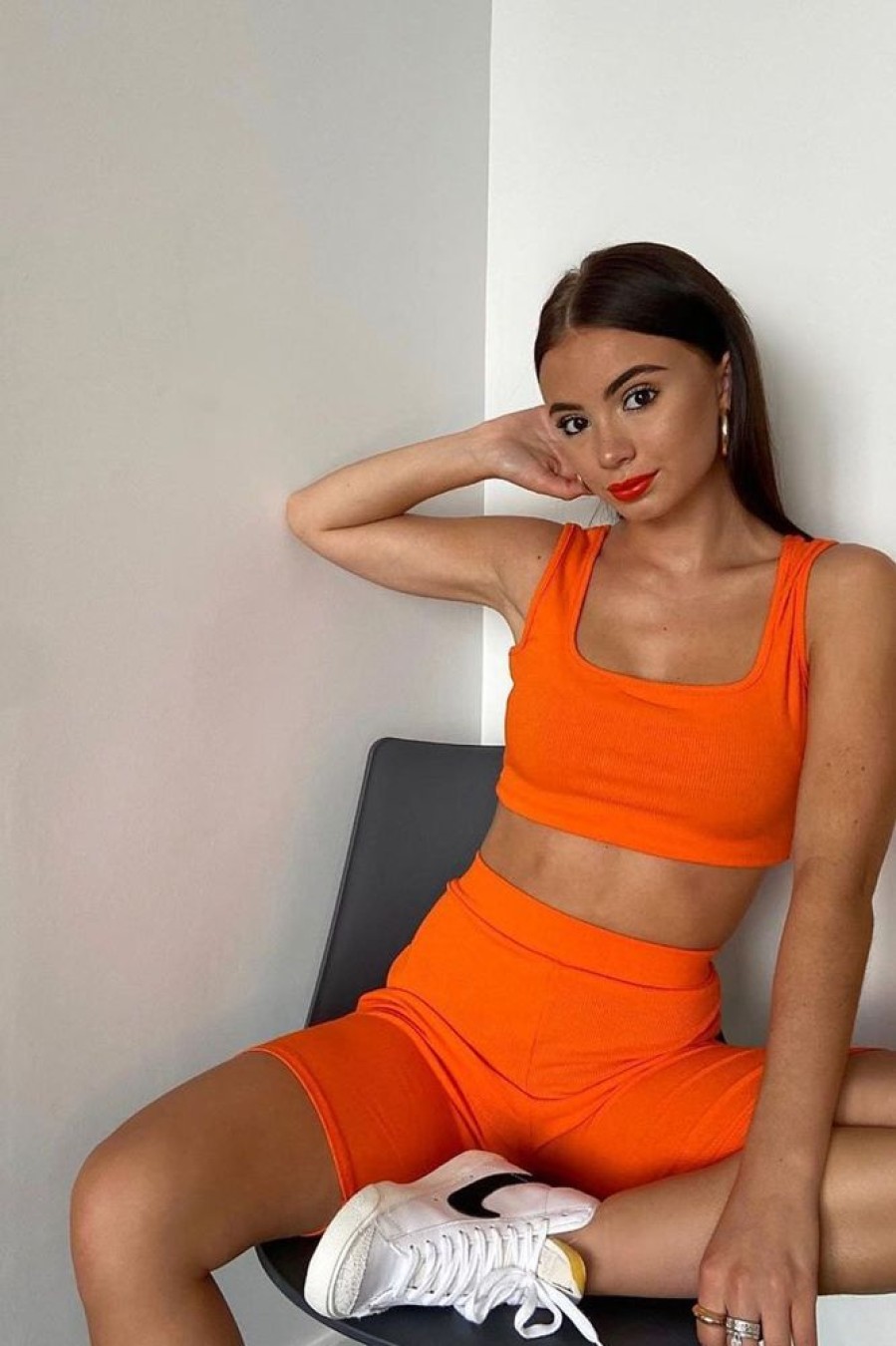 Clothing Rebellious Fashion | Orange Ribbed Crop Top And Cycling Shorts Co-Ord - Nina