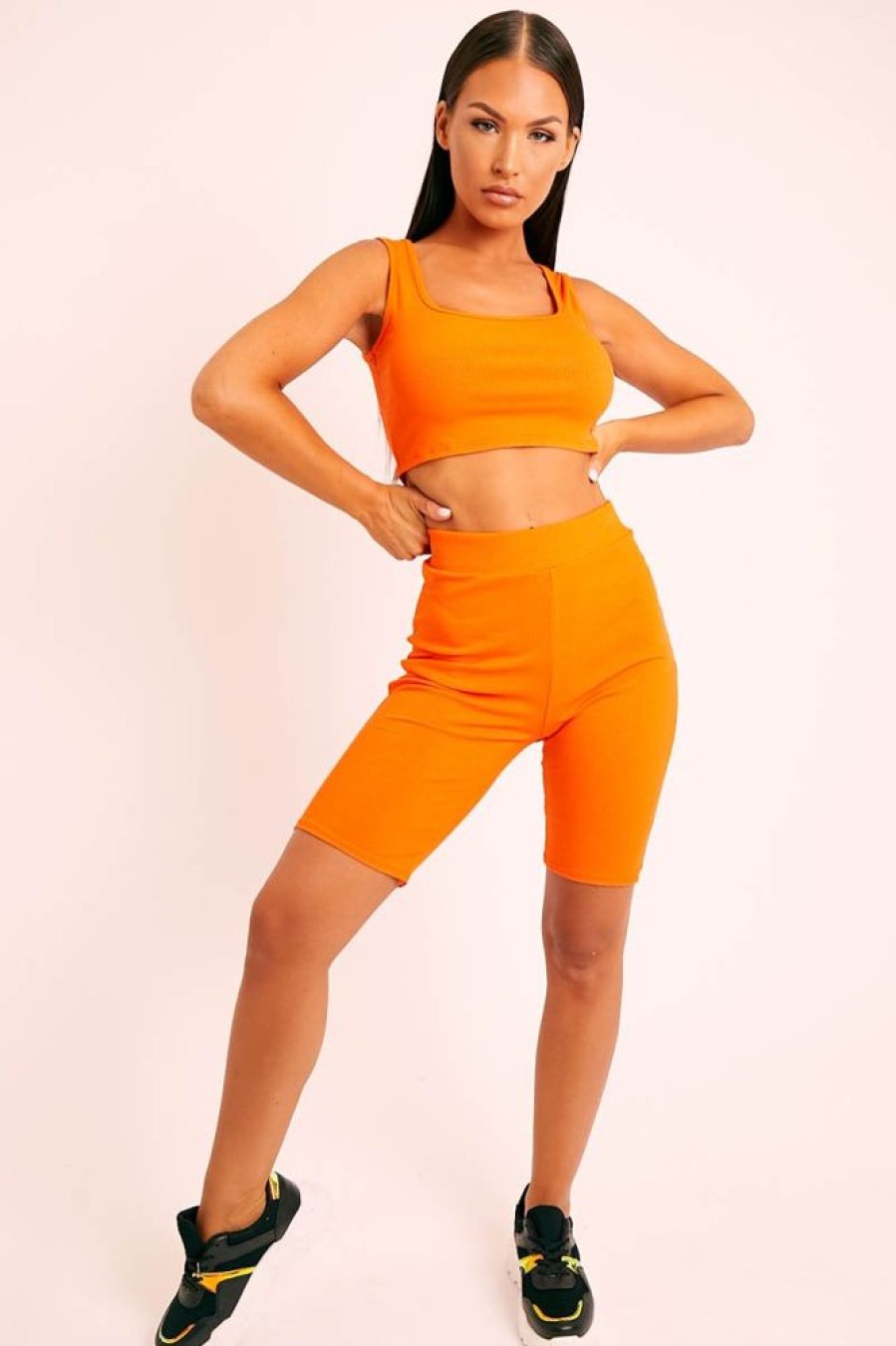 Clothing Rebellious Fashion | Orange Ribbed Crop Top And Cycling Shorts Co-Ord - Nina