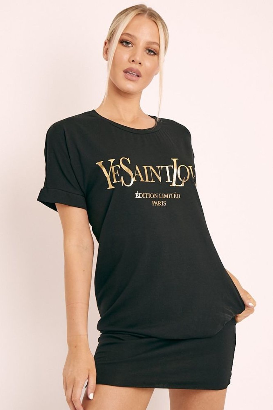 Clothing Rebellious Fashion | Black And Gold Parisian Slogan T-Shirt Dress - Claire