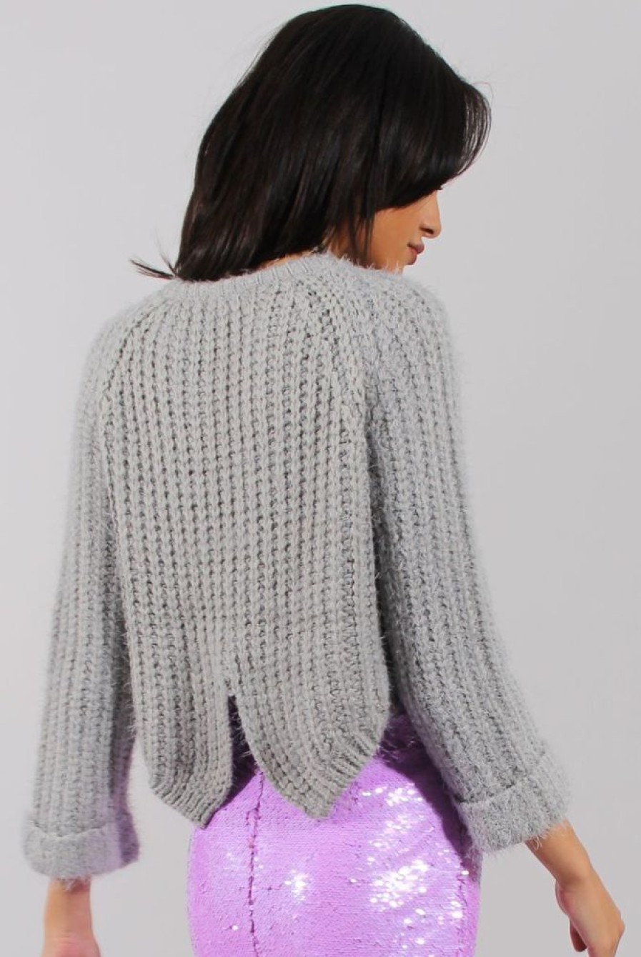 Clothing Rebellious Fashion | Grey Split Back Cropped Fluffy Jumper - Laura