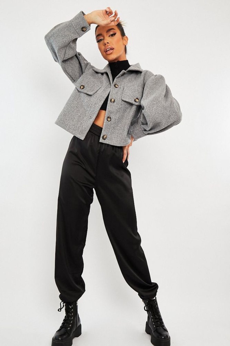 Clothing Rebellious Fashion | Grey Cropped Balloon Sleeve Shacket - Lexia