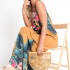 Clothing Rebellious Fashion | Mustard Chiffon Leaf Print Plunge Maxi Dress - Marlin