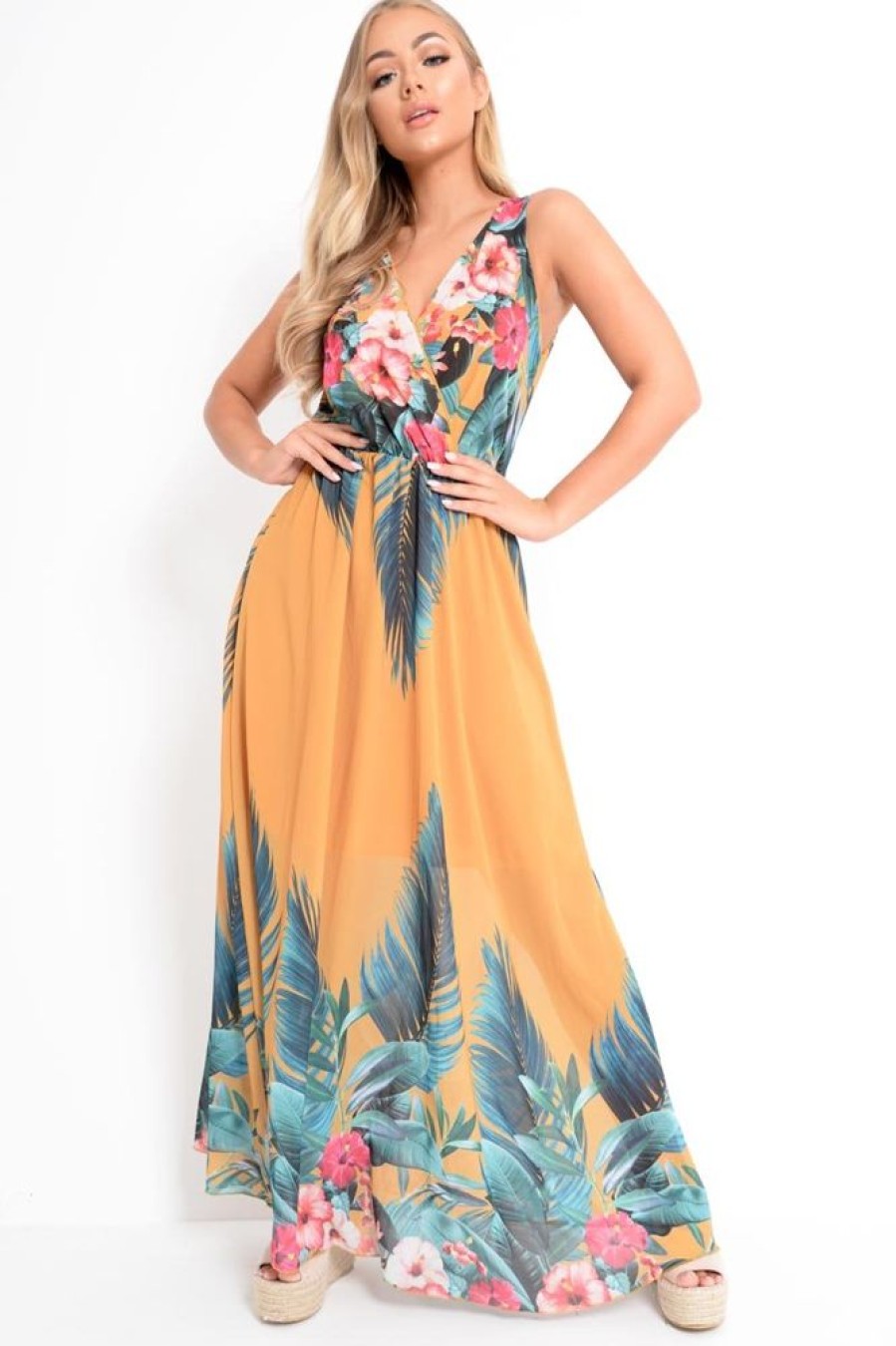 Clothing Rebellious Fashion | Mustard Chiffon Leaf Print Plunge Maxi Dress - Marlin