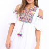 Clothing Rebellious Fashion | White Cold Shoulder Shift Dress With Aztec Embroidery - Elodie