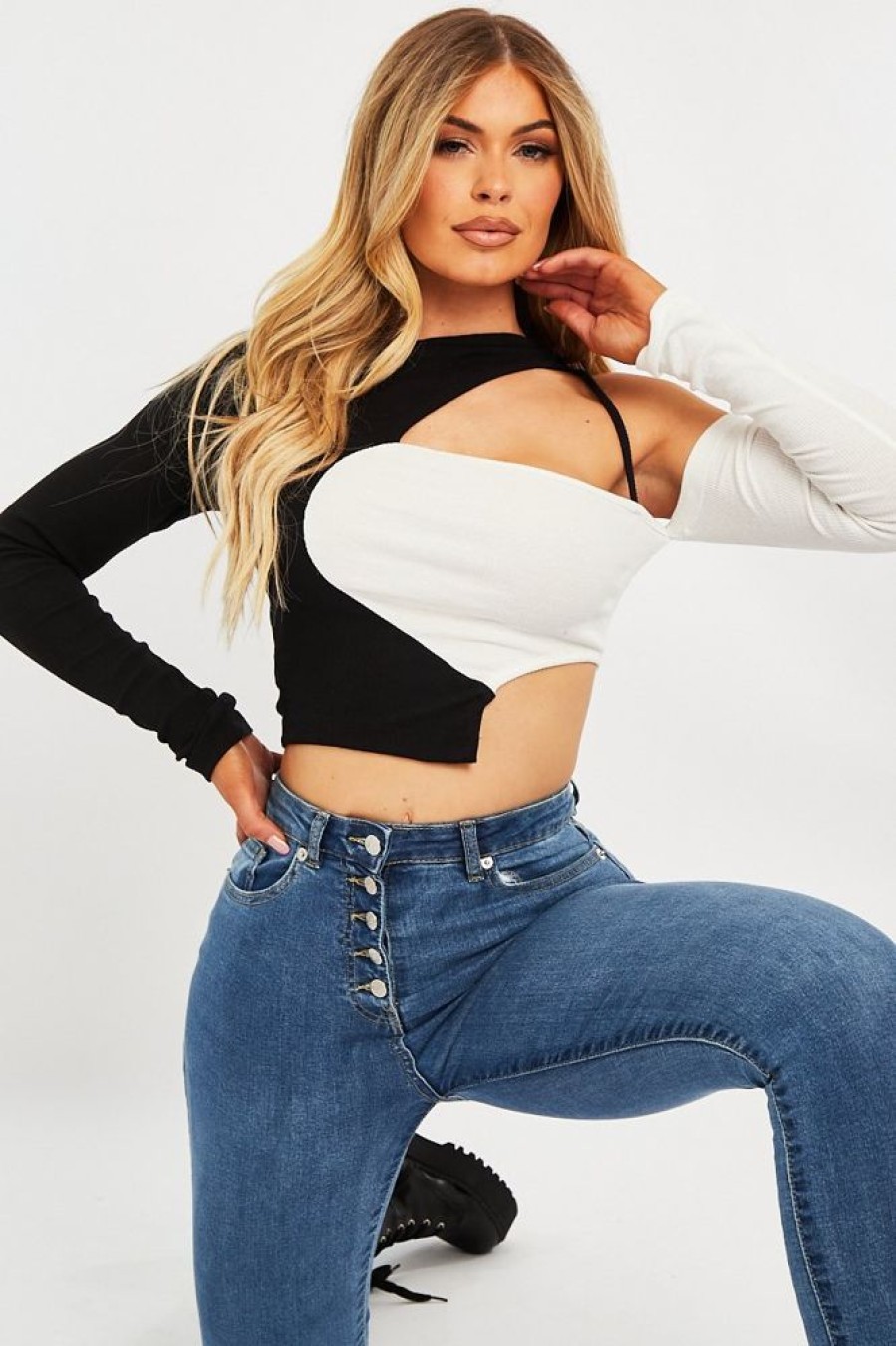 Clothing Rebellious Fashion | Black White Contrast Cut Out Crop Top - Liylah