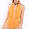 Clothing Rebellious Fashion | Mustard Plunge Halterneck Bodysuit - Lona