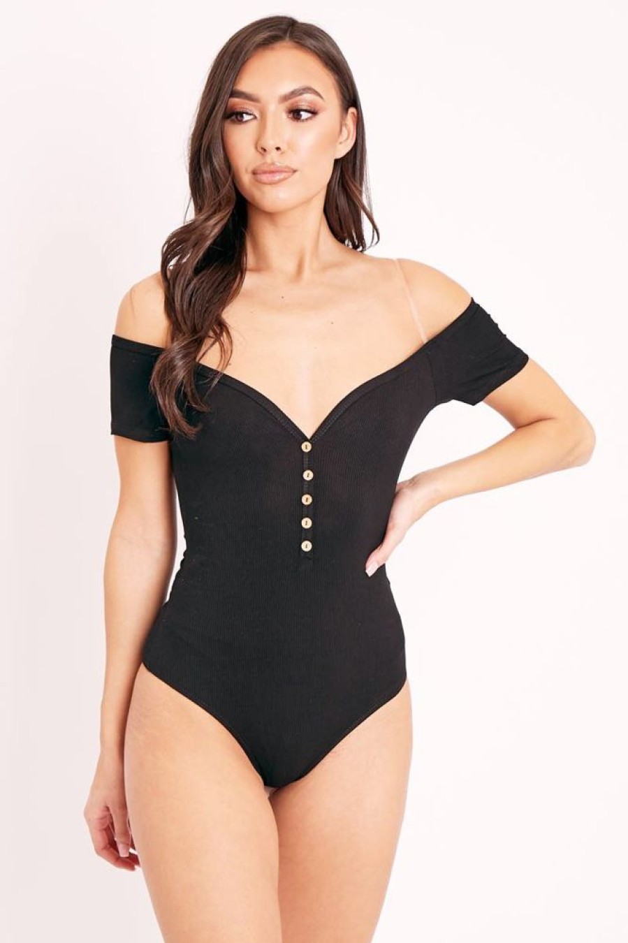 Clothing Rebellious Fashion | Black Ribbed Button Front Cap Sleeve Bodysuit - Billie