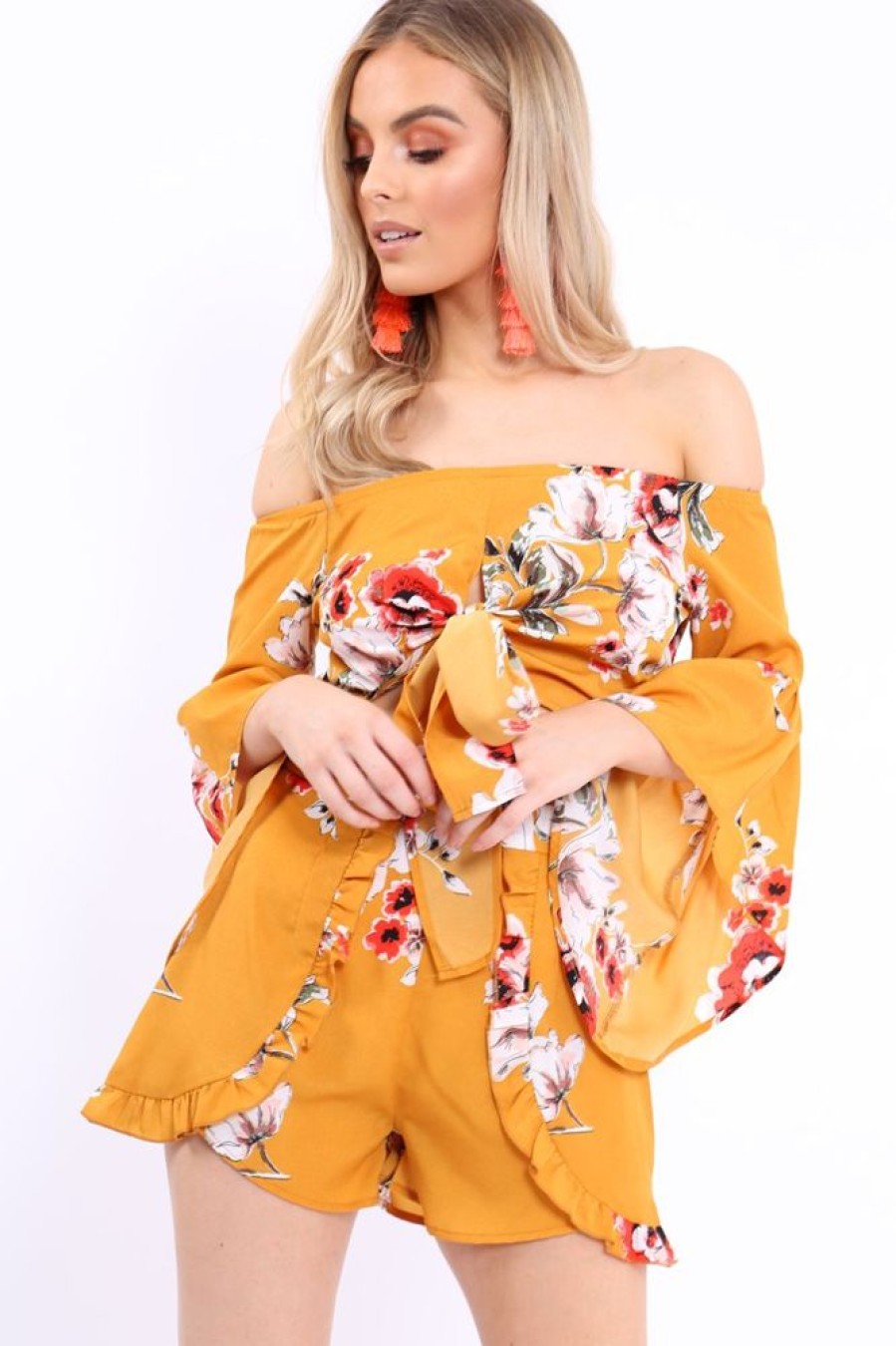 Clothing Rebellious Fashion | Mustard Floral Crop Top And Shorts Co-Ord - Teigan