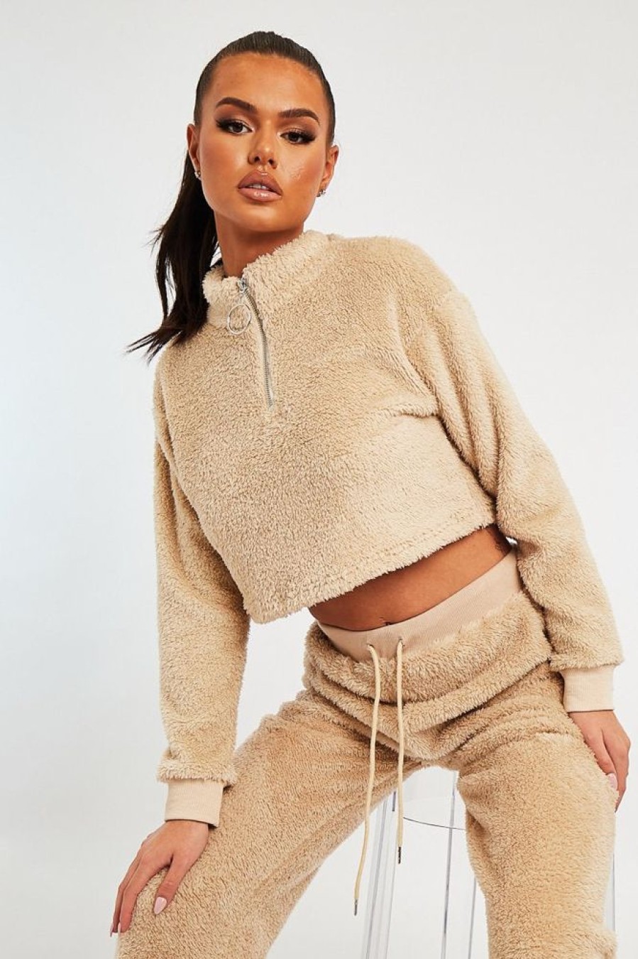 Clothing Rebellious Fashion | Stone Cropped Zip Front Teddy Jumper - Brady