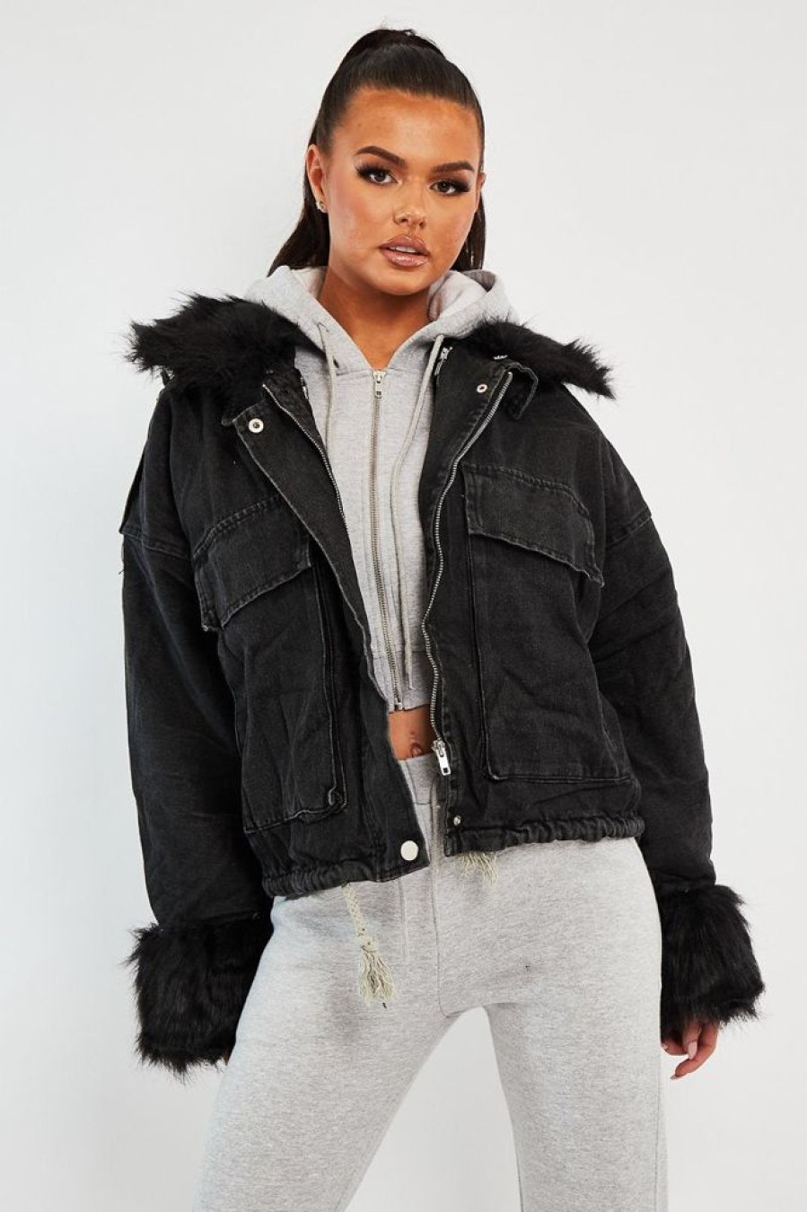 Clothing Rebellious Fashion | Black Denim Fur Trim Coat - Khaira