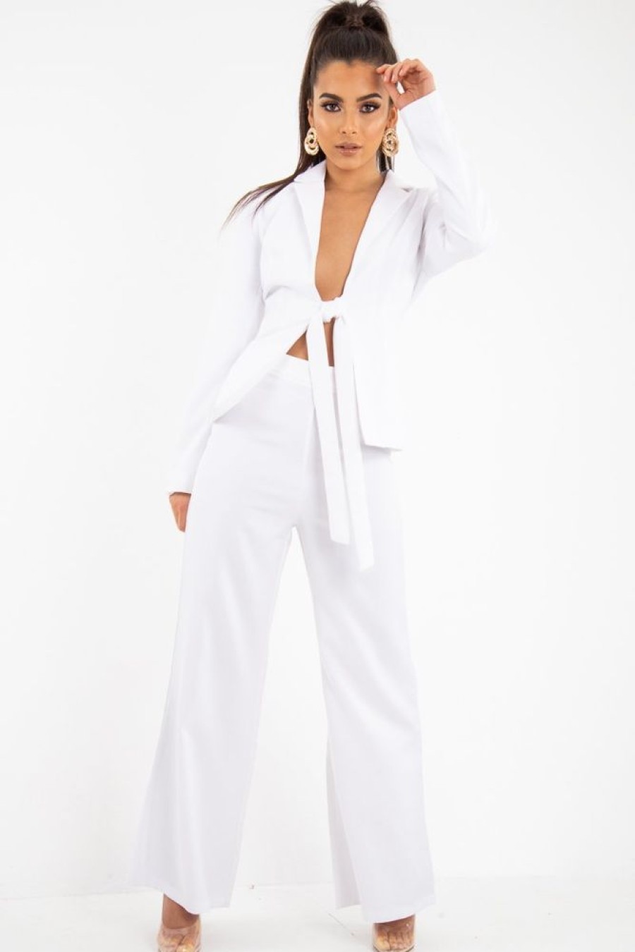 Clothing Rebellious Fashion | White Tie Front Blazer Wide Leg Trouser Co-Ord - Saphira