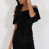 Clothing Rebellious Fashion | Black Velvet Lurex Stripe Bardot Frill Layer Dress - Carmel