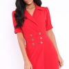 Clothing Rebellious Fashion | Red Button Detail Plunge Wrap Blazer Dress - Aizah