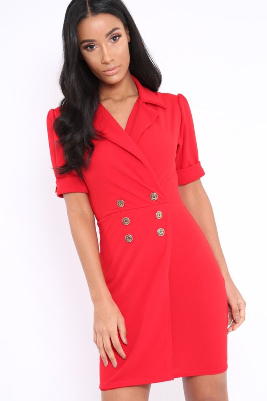 Clothing Rebellious Fashion | Red Button Detail Plunge Wrap Blazer Dress - Aizah