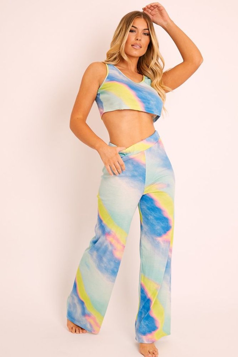 Clothing Rebellious Fashion | Blue Tie-Dye Ribbed Vest Loungewear Co-Ord - Alaire