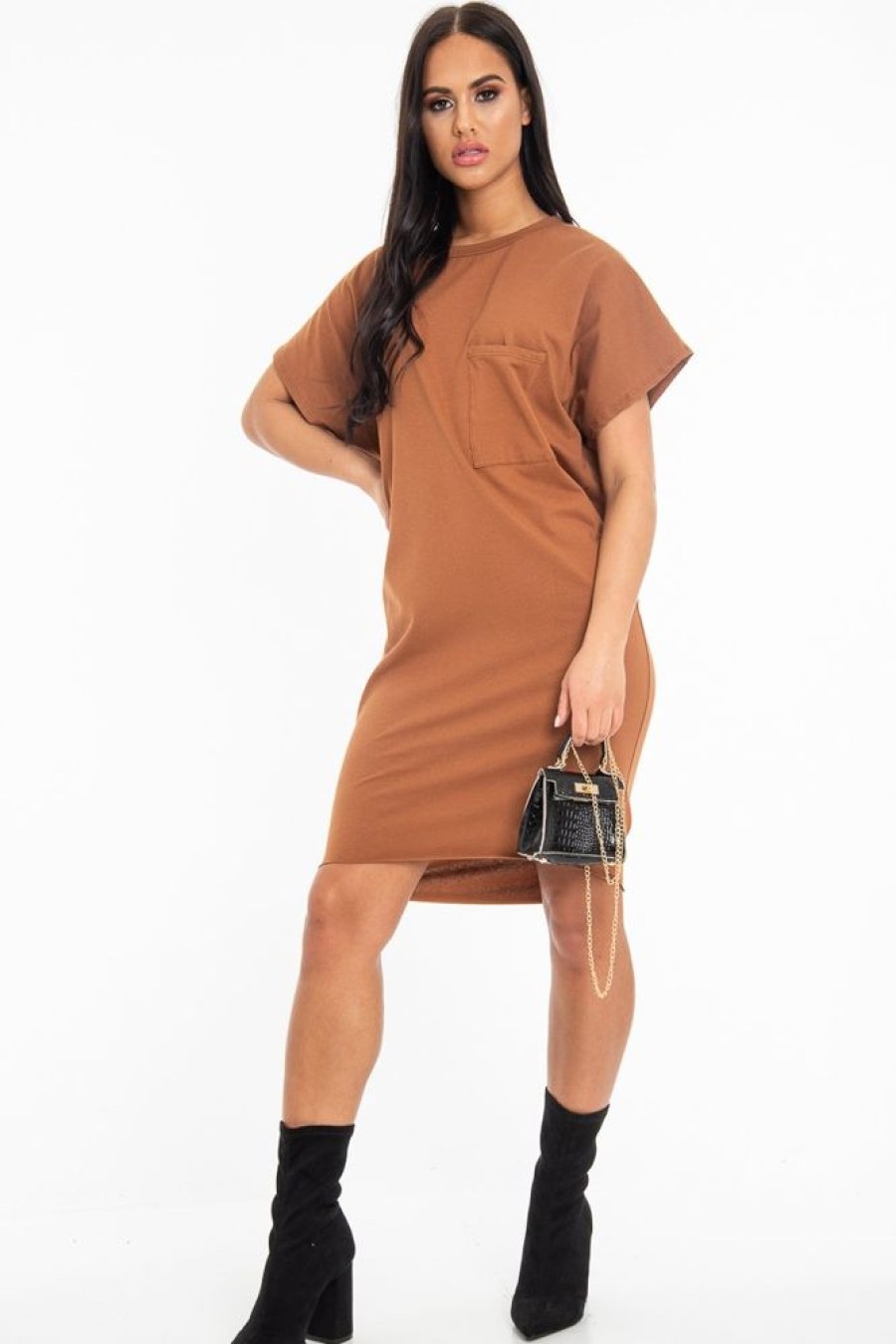 Clothing Rebellious Fashion | Brown Oversized Pocket Front Midi T-Shirt Dress - Whitney