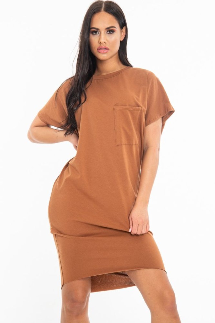 Clothing Rebellious Fashion | Brown Oversized Pocket Front Midi T-Shirt Dress - Whitney