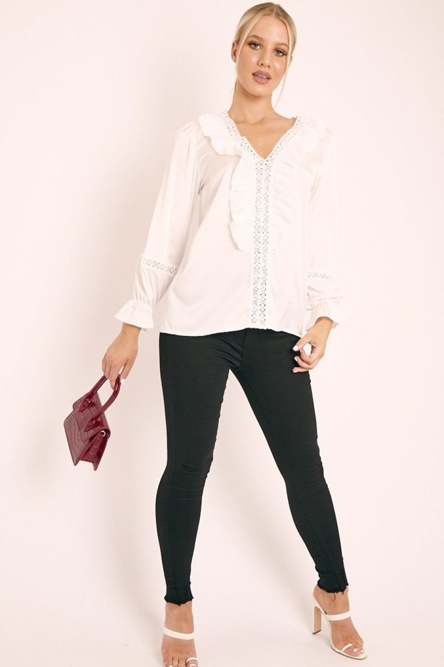 Clothing Rebellious Fashion | White Plunge Lace Neckline Blouse - Harleigh