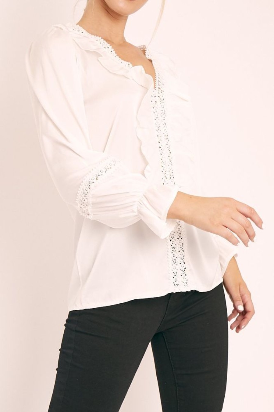 Clothing Rebellious Fashion | White Plunge Lace Neckline Blouse - Harleigh