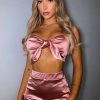 Clothing Rebellious Fashion | Pink Tie Front Satin Crop Top + Skirt Co-Ord - Orla