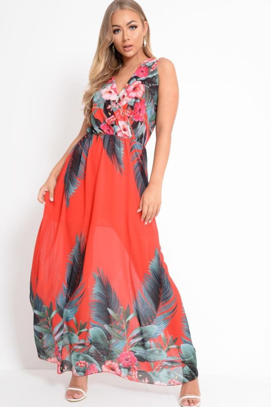 Clothing Rebellious Fashion | Red Chiffon Leaf Print Plunge Maxi Dress - Marlin