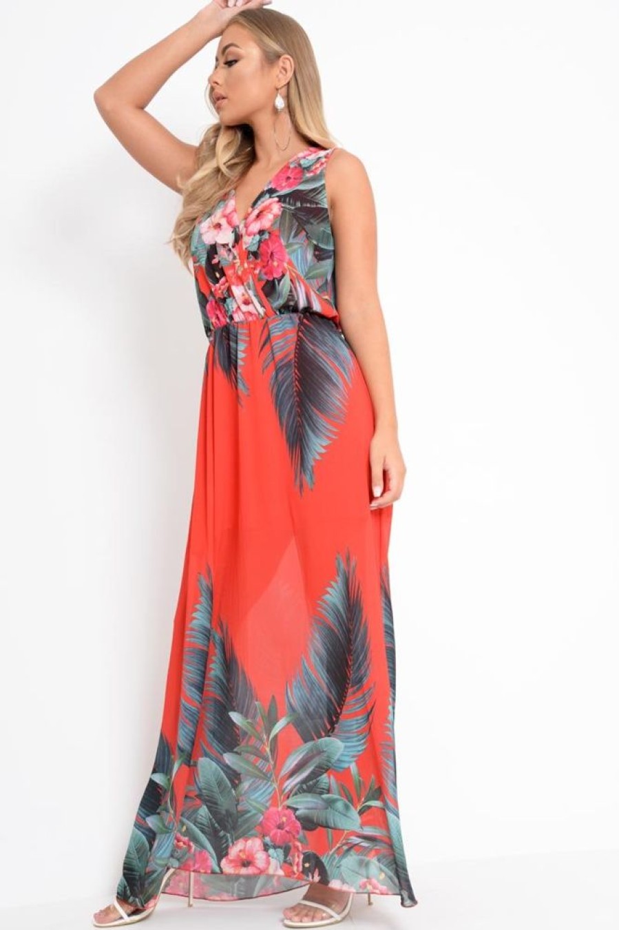 Clothing Rebellious Fashion | Red Chiffon Leaf Print Plunge Maxi Dress - Marlin