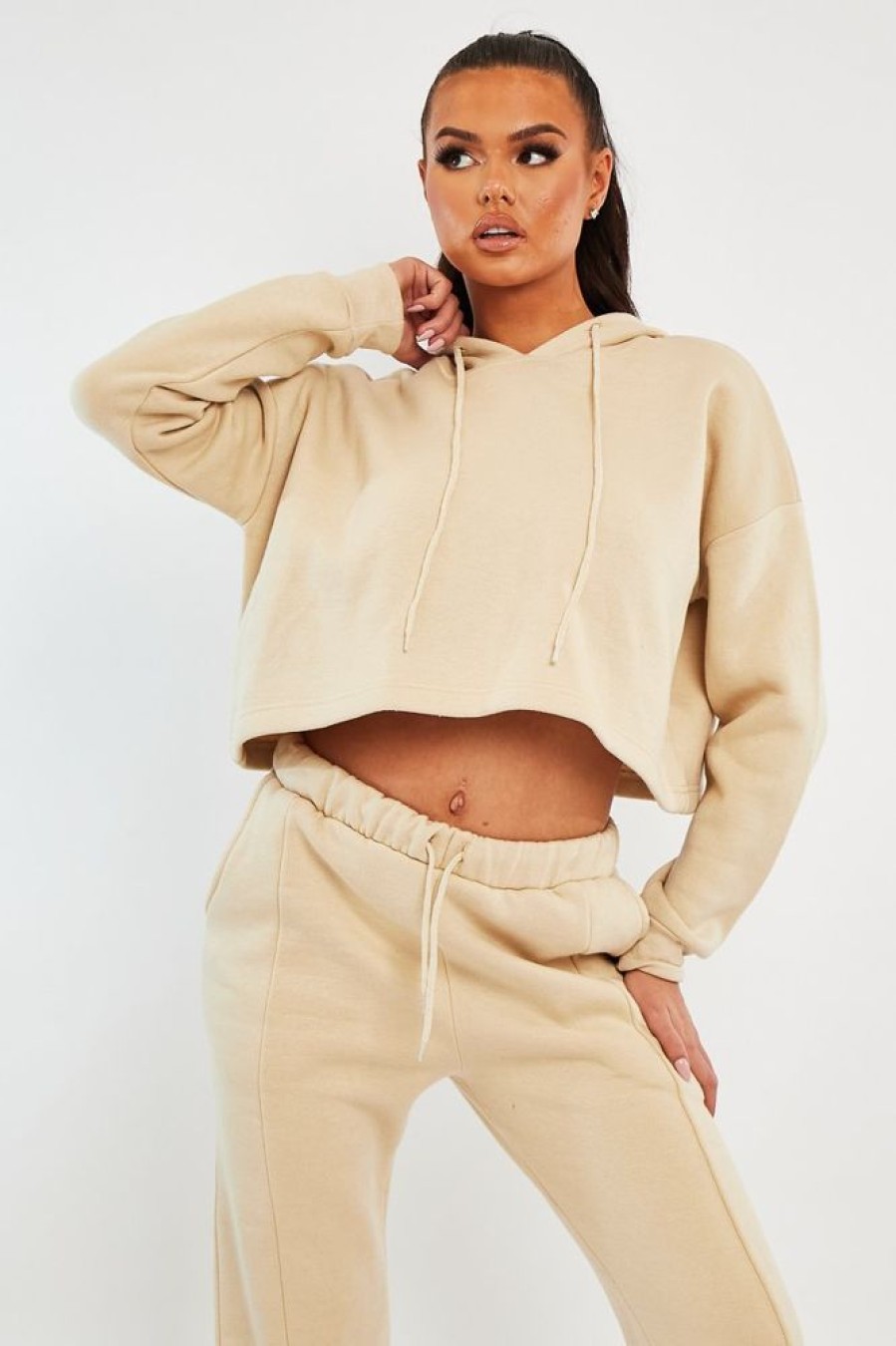 Clothing Rebellious Fashion | Beige Box Fit Cropped Hoodie - Neala