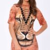 Clothing Rebellious Fashion | Orange Graphic Print Lace Up T-Shirt Dress - Brody