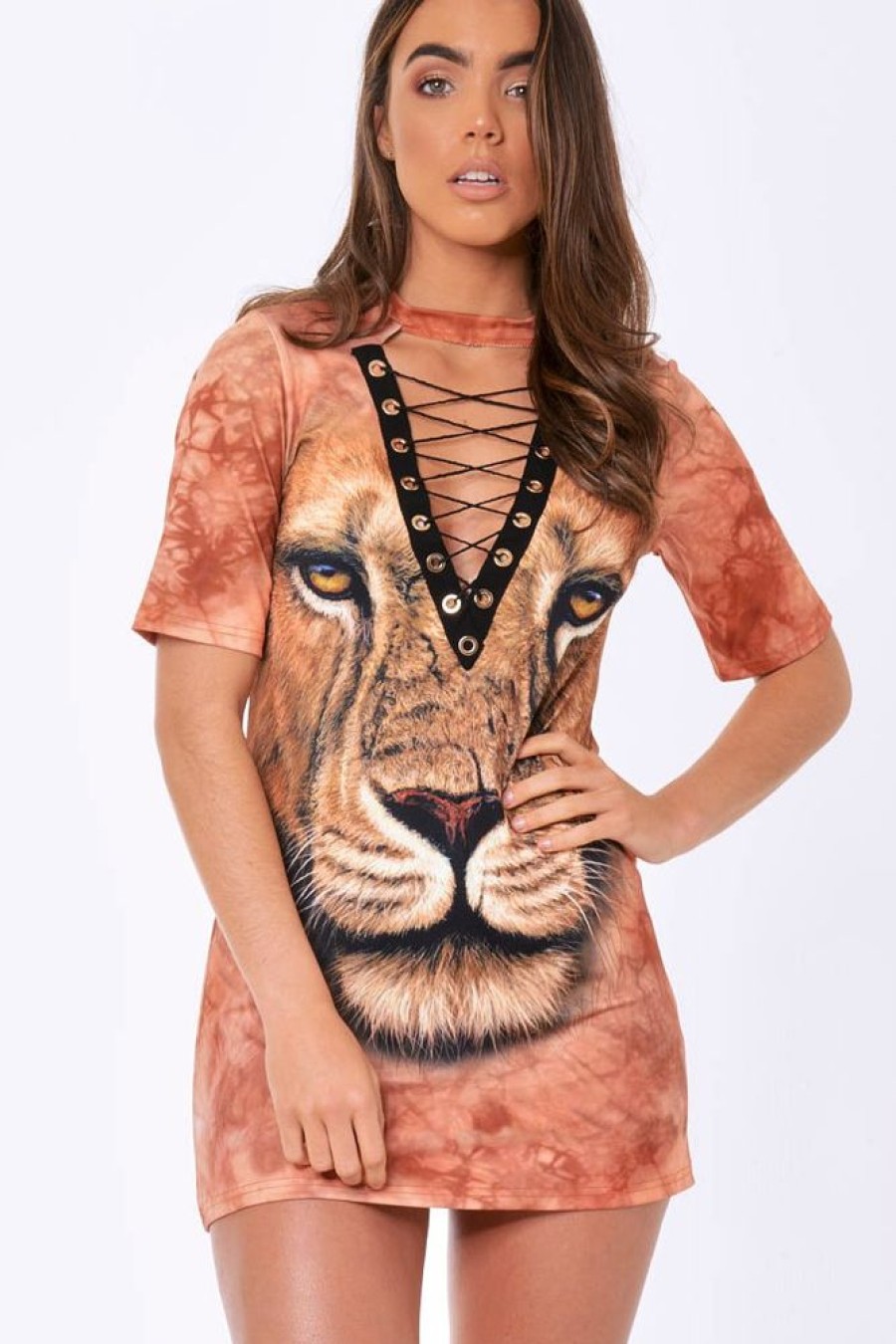 Clothing Rebellious Fashion | Orange Graphic Print Lace Up T-Shirt Dress - Brody