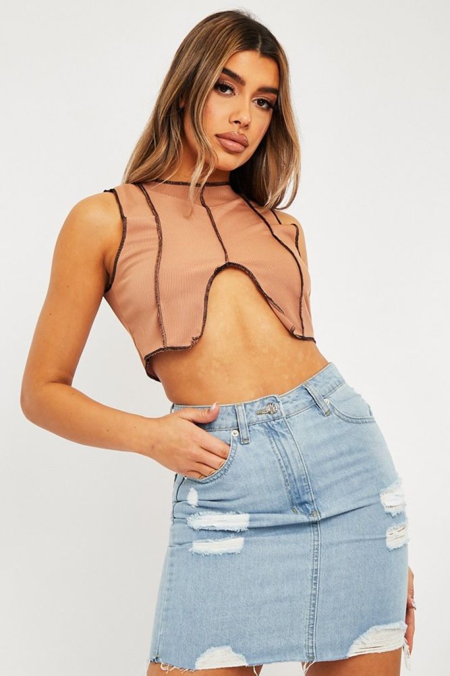 Clothing Rebellious Fashion | Camel Ribbed Notch Contrast Stitch Crop Top - Rinnah