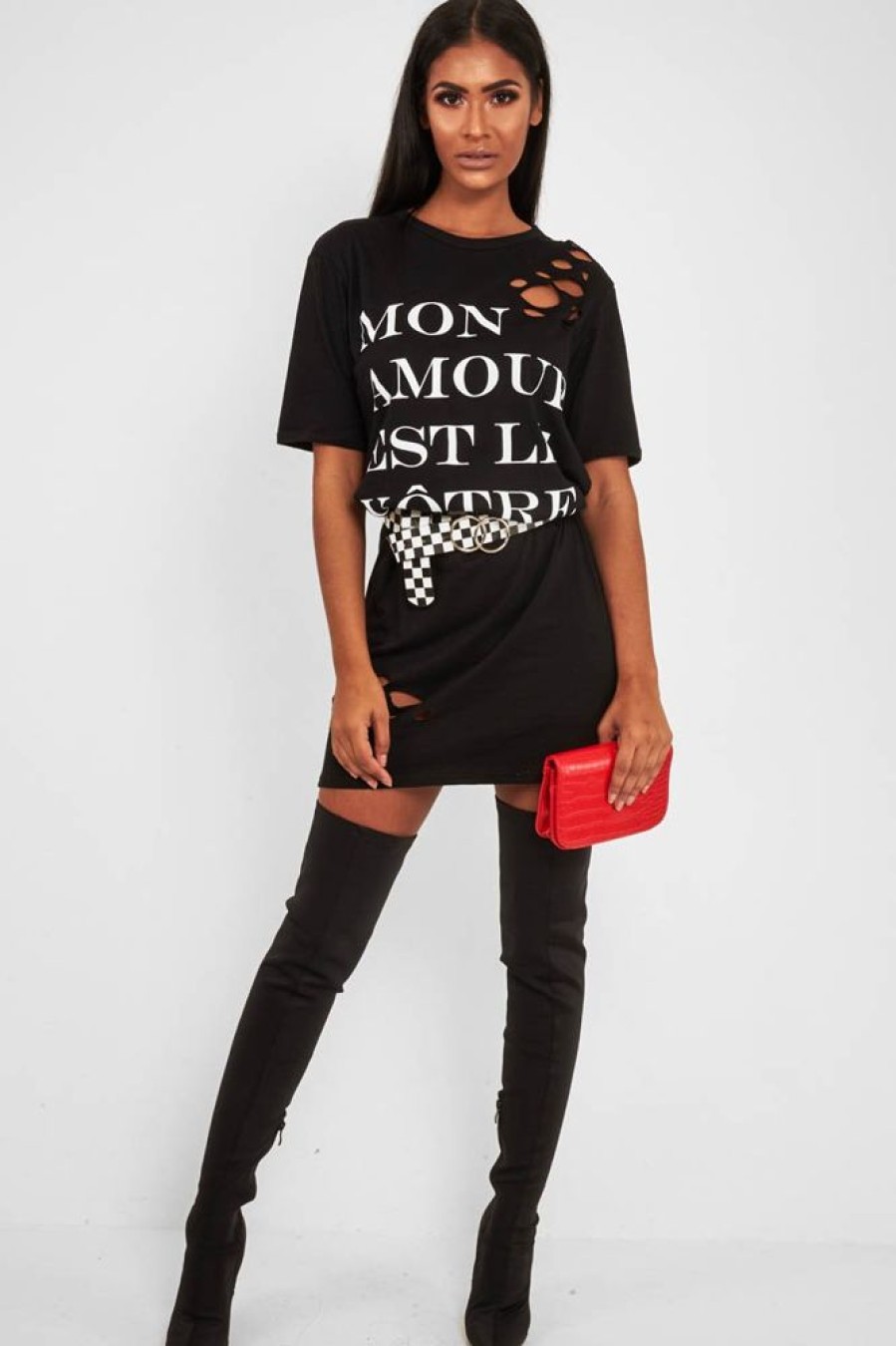 Clothing Rebellious Fashion | Black Slogan Distressed T-Shirt Dress - Ashlen