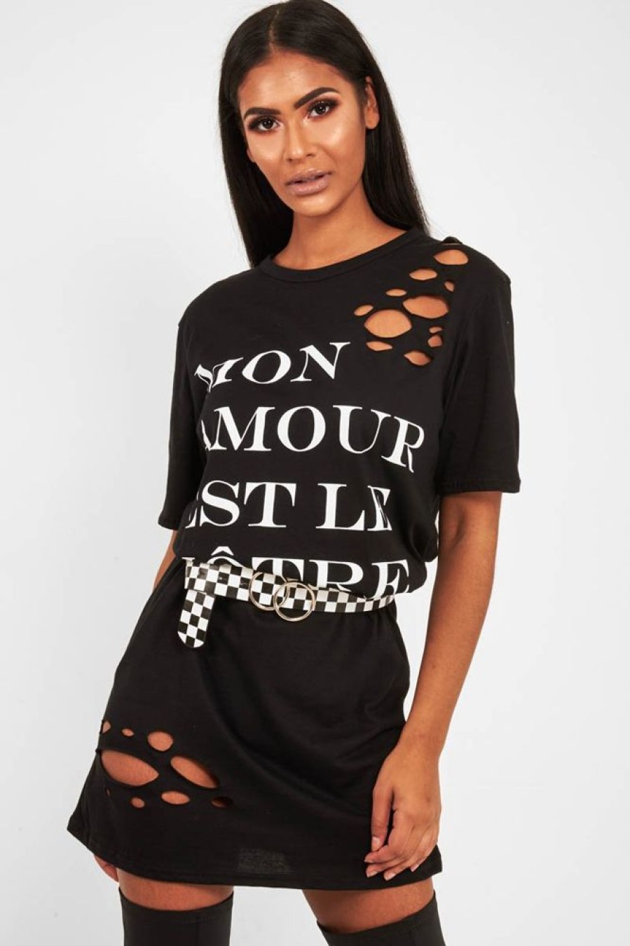 Clothing Rebellious Fashion | Black Slogan Distressed T-Shirt Dress - Ashlen