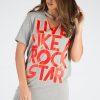 Clothing Rebellious Fashion | Grey Ring Choker Rockstar Slogan T Shirt Dress - Liana