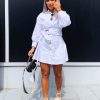 Clothing Rebellious Fashion | White Resin Belt Gathered Sleeve Shirt Dress - Tawny