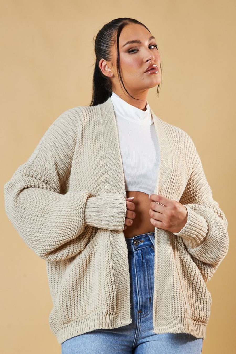 Clothing Rebellious Fashion | Beige Chunky Knit Slouchy Cardigan - Daisy