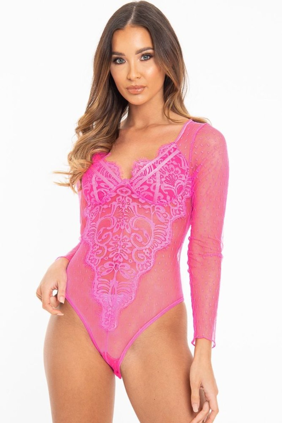 Clothing Rebellious Fashion | Fuchsia Dobby Mesh Low Cut Bodysuit - Tamara