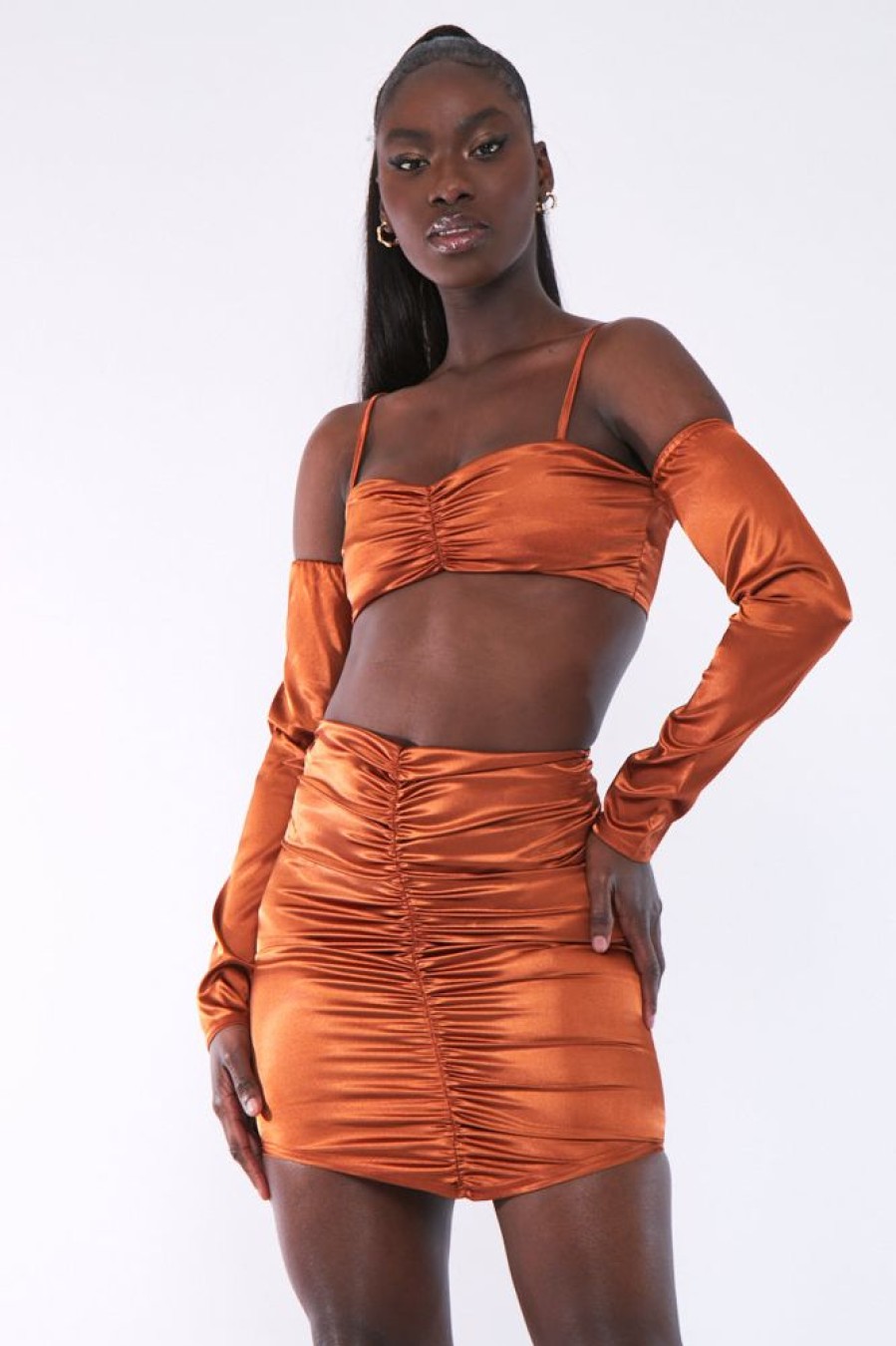 Clothing Rebellious Fashion | Rust Gathered Front Satin Mini Skirt - Cora