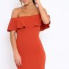 Clothing Rebellious Fashion | Rust Frill Bardot Midi Dress - Bridget