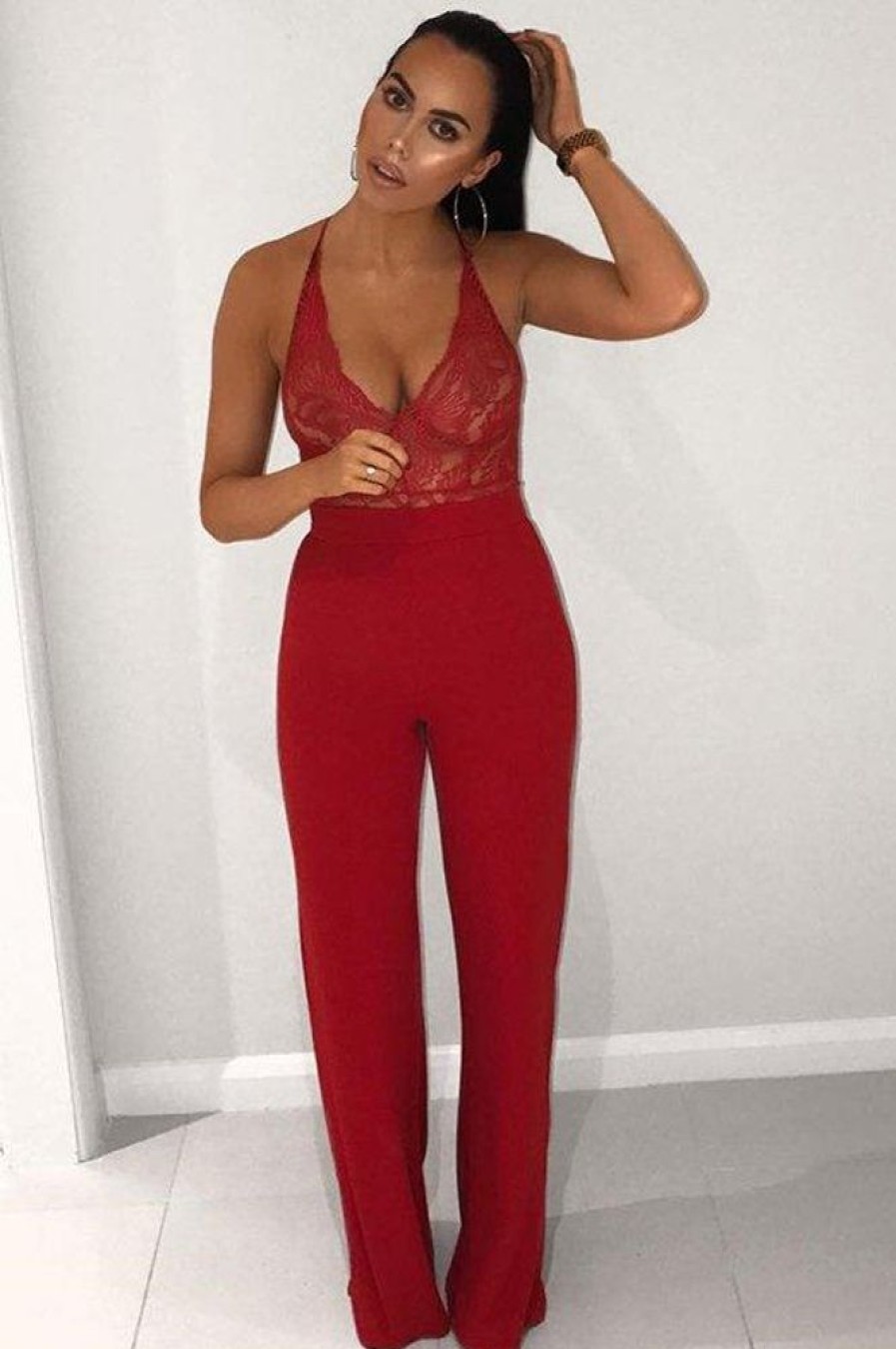 Clothing Rebellious Fashion | Red Lace Cross Back Bodysuit - Brogan