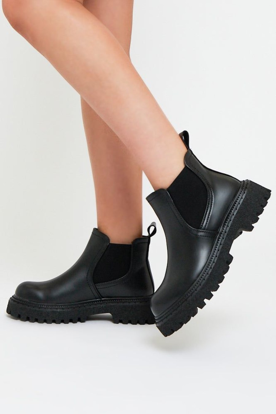 Shoes Rebellious Fashion | Black Faux Leather Ankle High Chunky Sole Boots - Tanna