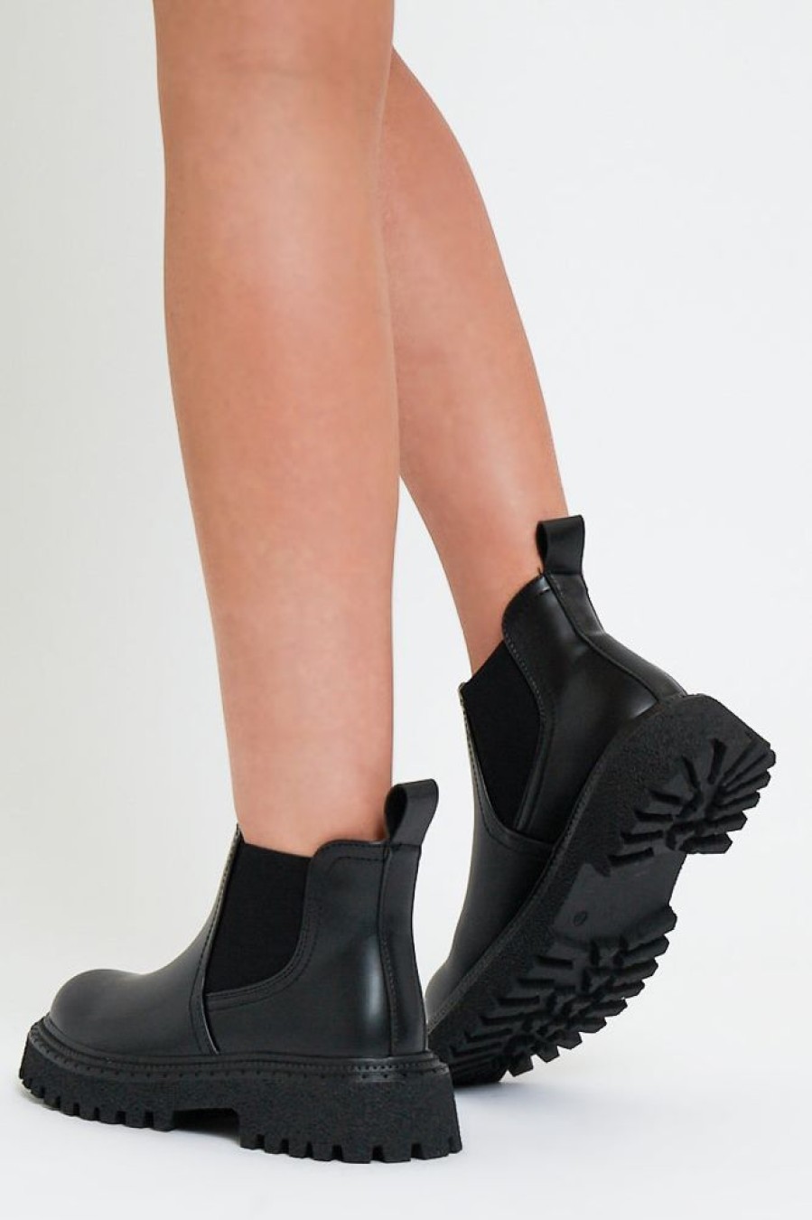 Shoes Rebellious Fashion | Black Faux Leather Ankle High Chunky Sole Boots - Tanna