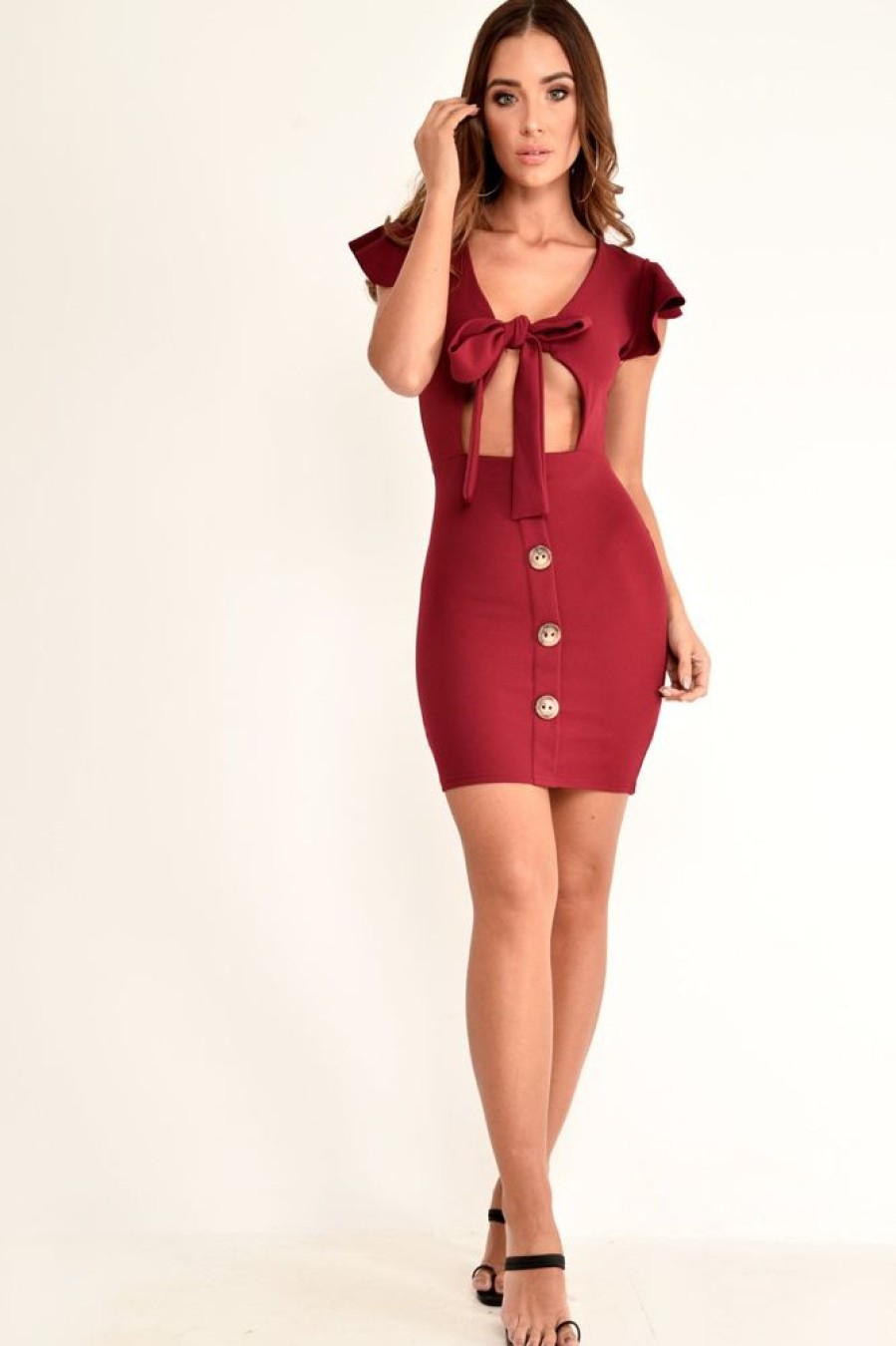 Clothing Rebellious Fashion | Wine Tie Button Front Bodycon Dress - Aaira