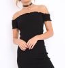 Clothing Rebellious Fashion | Black Ribbed Frill Hem Bardot Bodycon Dress - Kamille