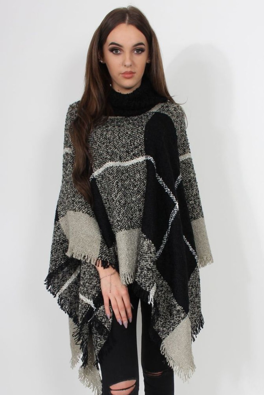 Clothing Rebellious Fashion | Maria Black Knitted Roll Neck Poncho