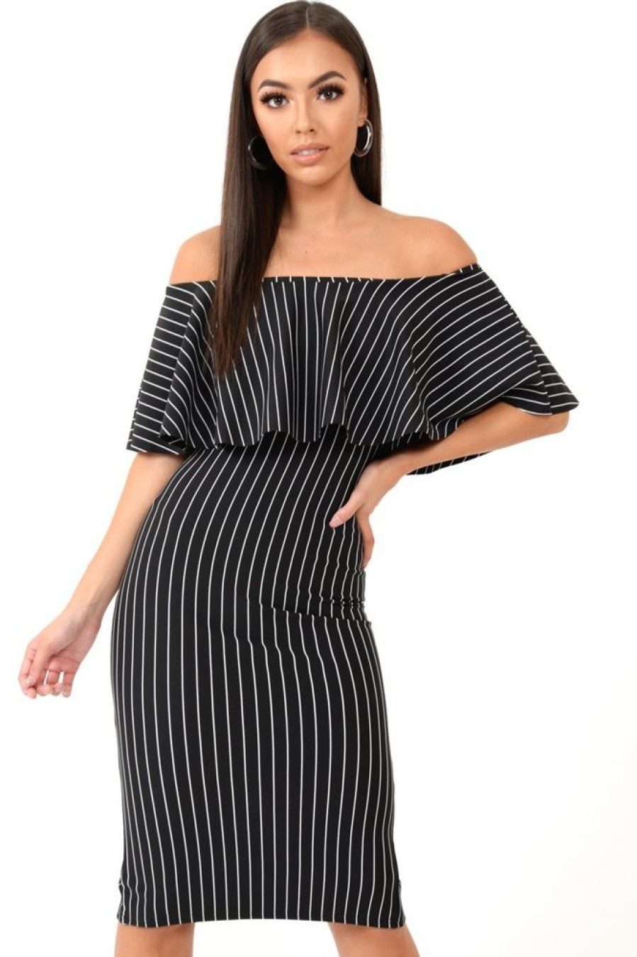 Clothing Rebellious Fashion | Black Pinstripe Frill Bardot Bodycon Midi Dress -Jovey