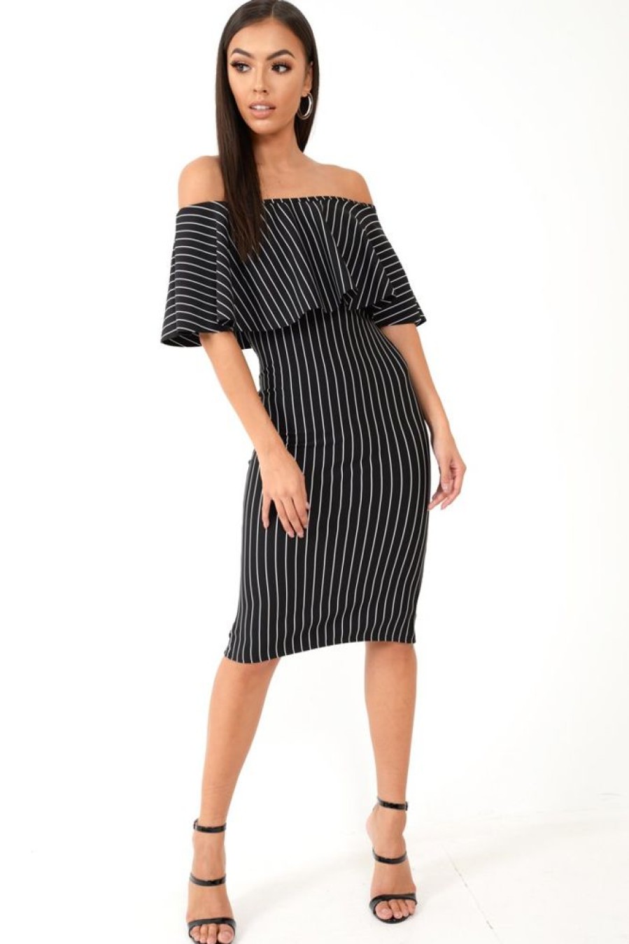 Clothing Rebellious Fashion | Black Pinstripe Frill Bardot Bodycon Midi Dress -Jovey