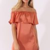 Clothing Rebellious Fashion | Bronze Satin Bardot Frill Dress - Alura