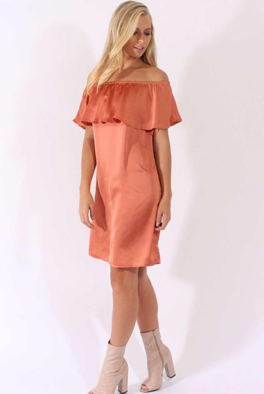 Clothing Rebellious Fashion | Bronze Satin Bardot Frill Dress - Alura