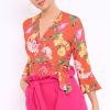 Clothing Rebellious Fashion | Orange Floral Wrap Side Tie Bodysuit - Lincy